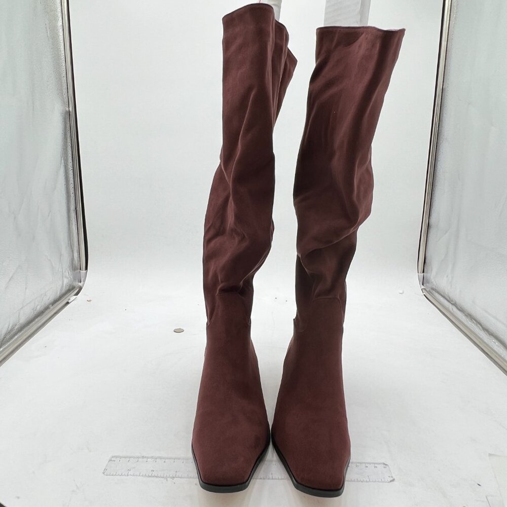 Wine Women Knee High Boots Square Toe Long Booties Block Low Heels Pull On Shoes